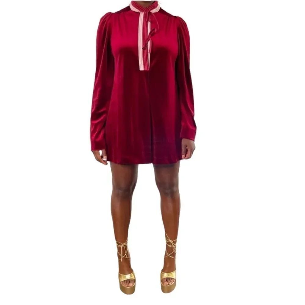 VINTAGE Barad & Co Velvet Velour Nightgown Tie Neck Puff Shoulder Mini Dress